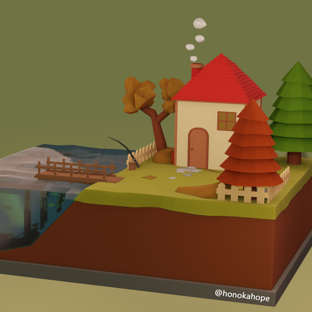 modelado low poly casa en otoño